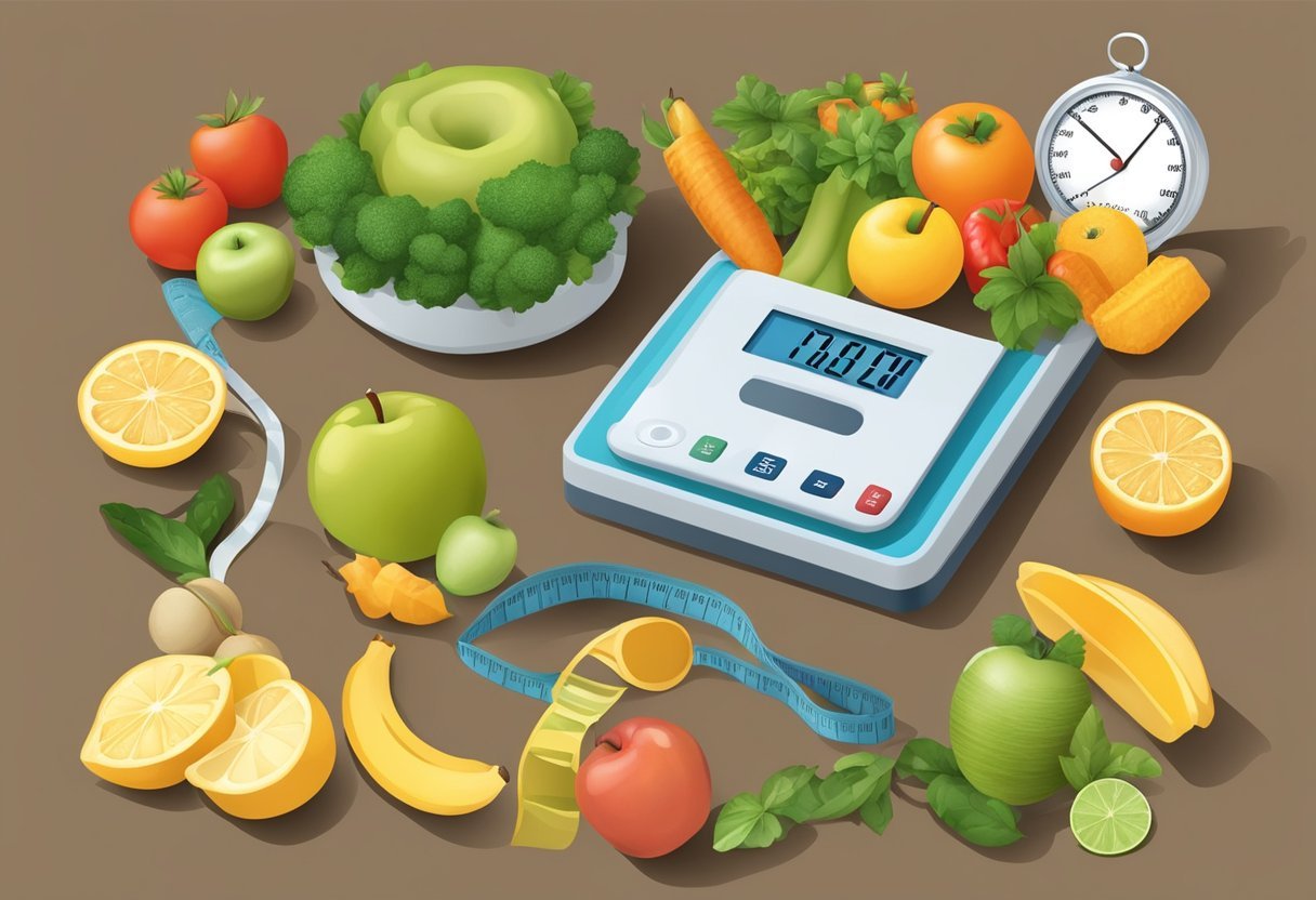 A scale displaying decreasing numbers, surrounded by healthy food and exercise equipment