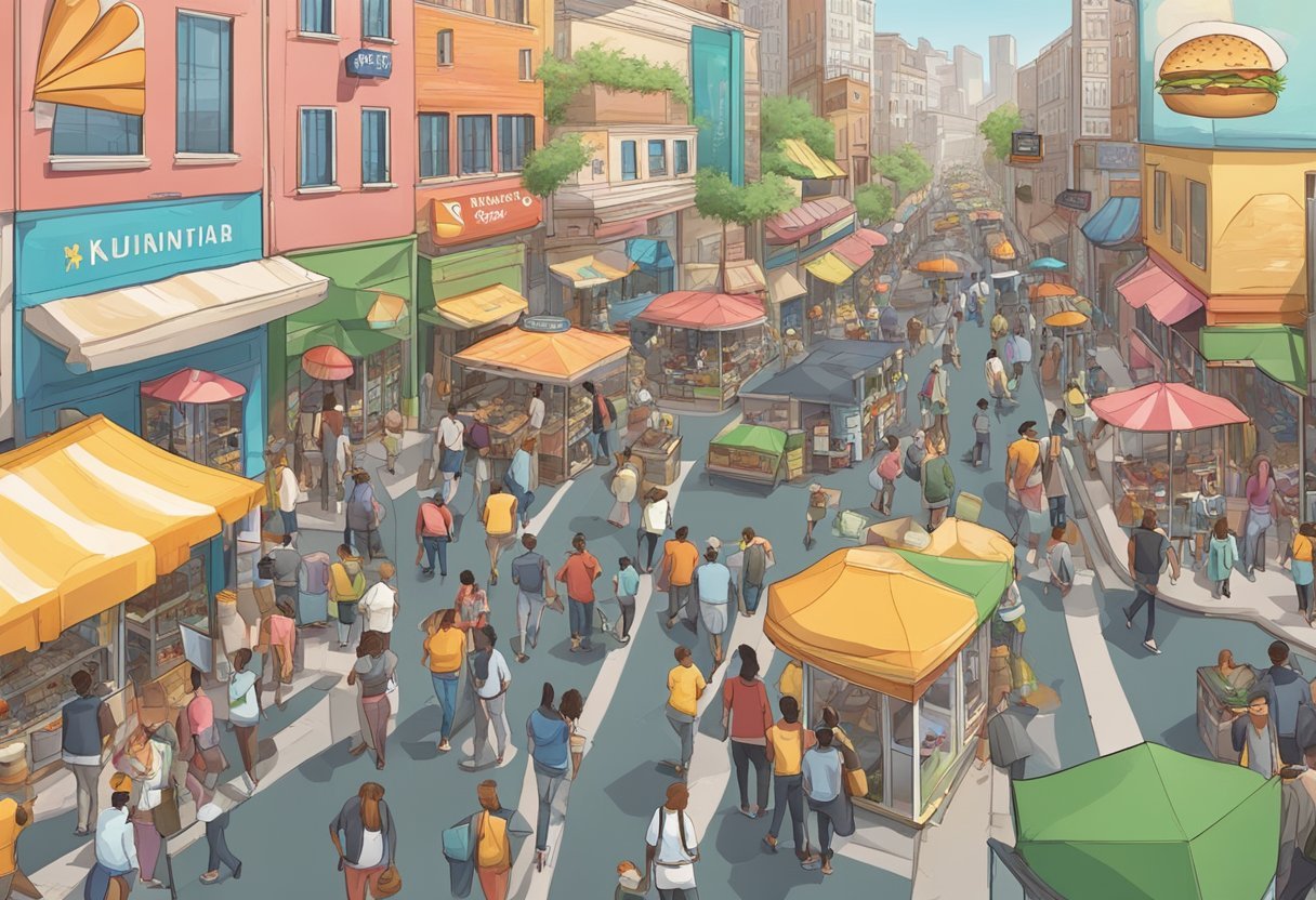 A crowded city street with fast food restaurants, oversized portions, and inactive lifestyle