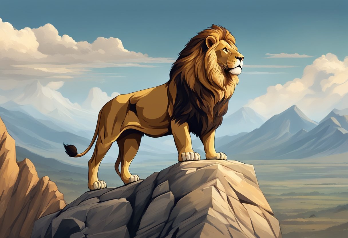 A muscular lion stands proudly on a rocky cliff, overlooking a vast and powerful landscape, exuding strength and dominance