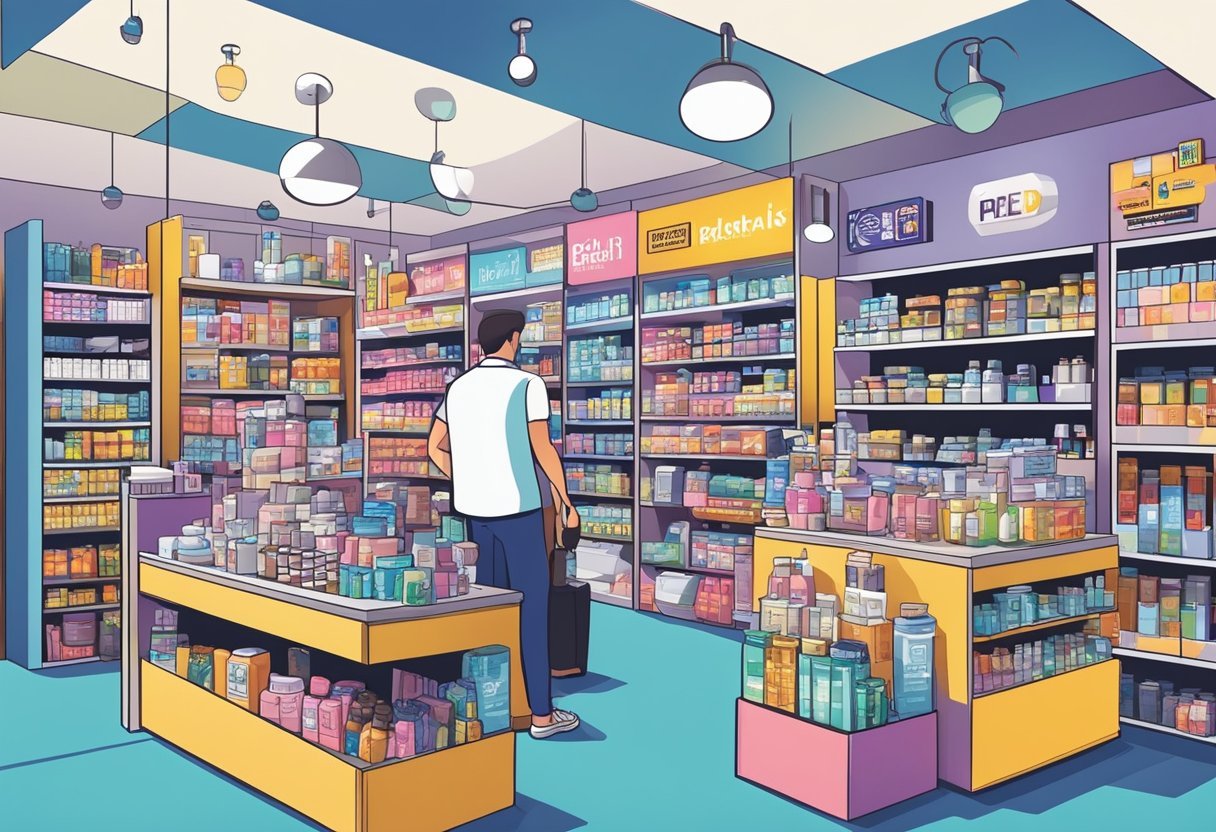 A crowded marketplace with various male enhancement products on display, including pills, creams, and devices. Bold signage and flashy packaging dominate the scene, drawing attention to the competitive nature of the industry