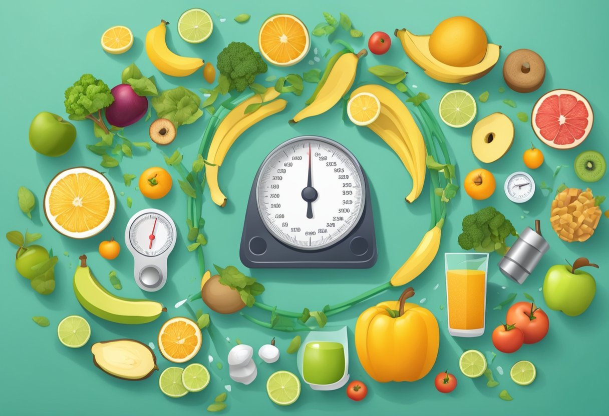 A scale displaying decreasing numbers surrounded by healthy food and exercise equipment